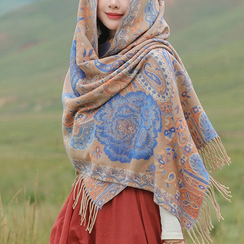 Tibetan shawl color option detail, showcasing moccasin warm tone and jacquard weaving quality