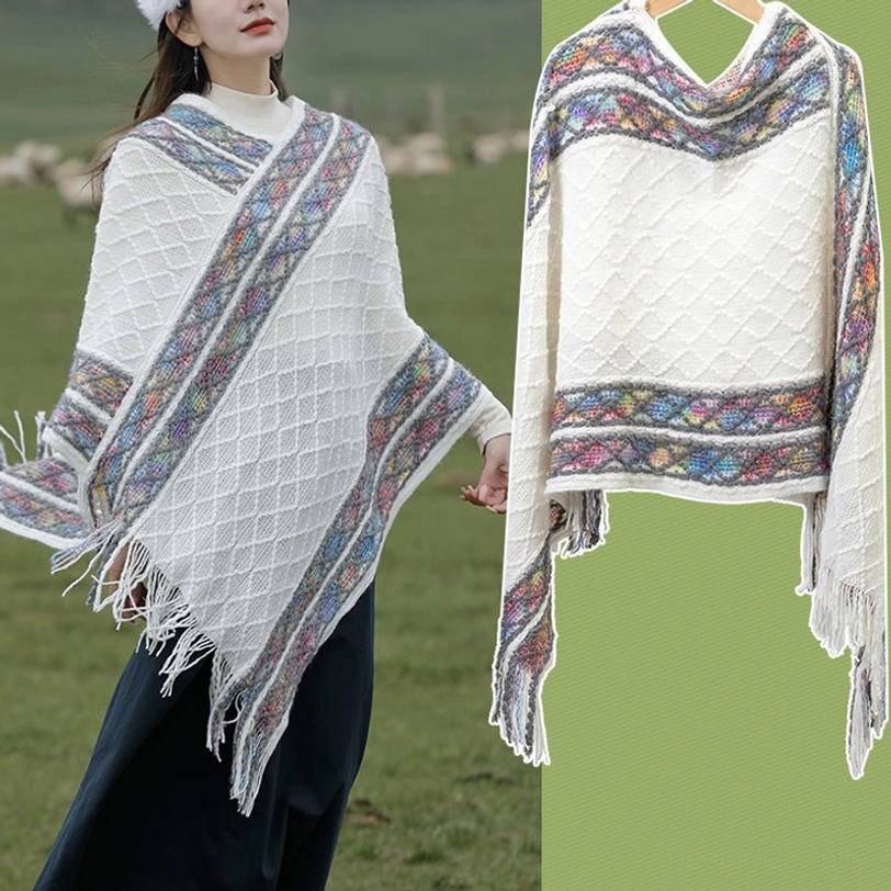 Model wearing white Tibetan rhombus knit shawl with colorful ethnic border and flat lay display on green background