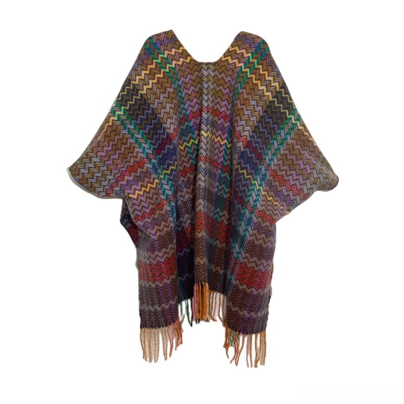 Muted multicolor Tibetan chevron wrap scarf with V-neck design