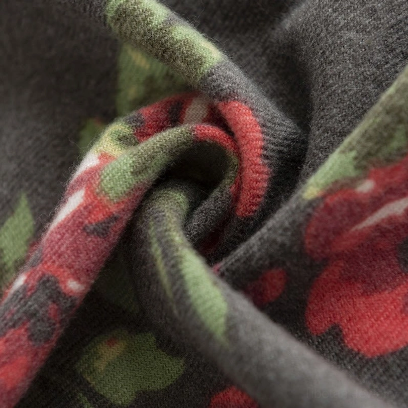 Multicolored Tibetan rose floral shawl showing versatile neutral gray base with vibrant floral accents