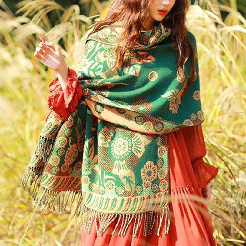 Multi-color Tibetan botanical print shawl with traditional artistry