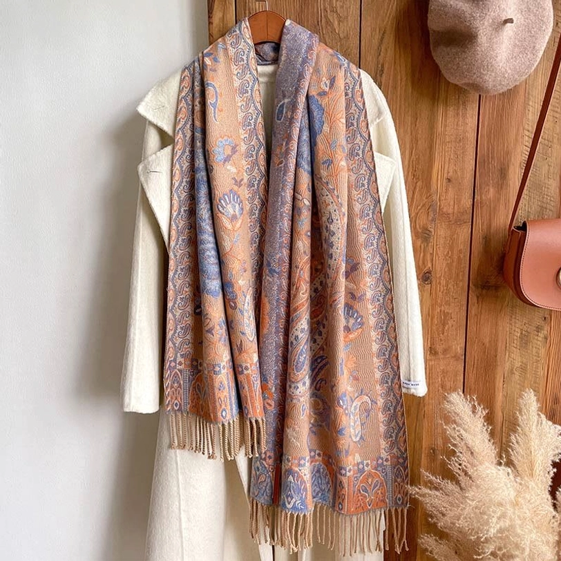 Tibetan shawl ethnic print detail in neutral tone, showing fine jacquard weaving and traditional craftsmanship