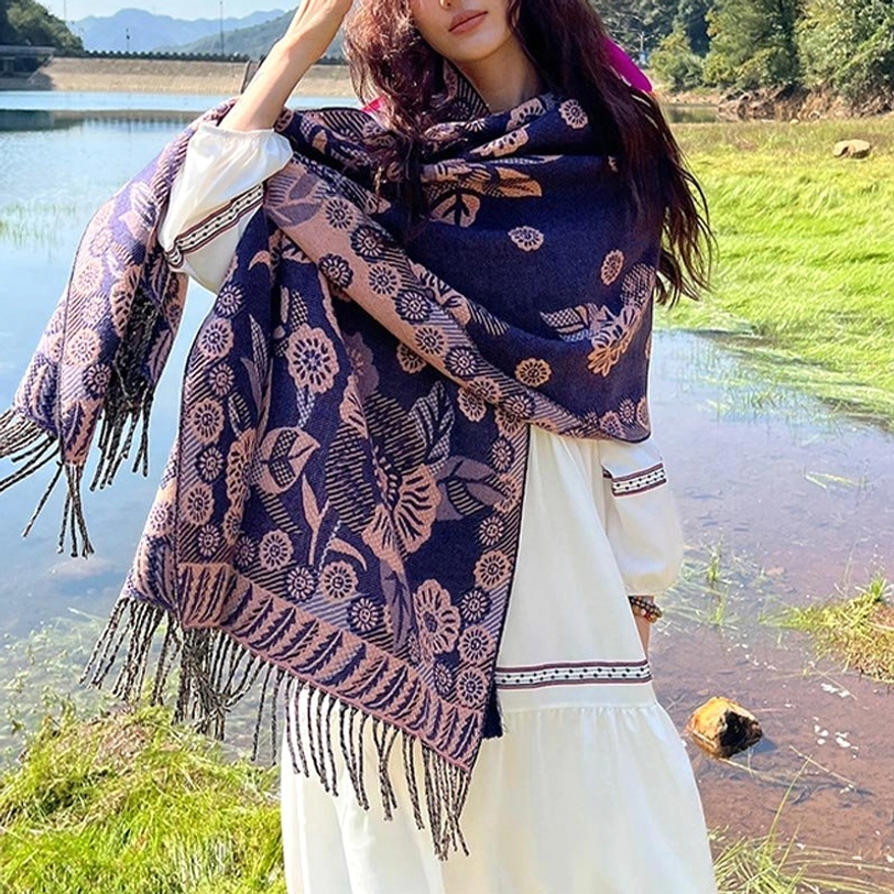 Orchid Tibetan floral cashmere shawl with delicate botanical print