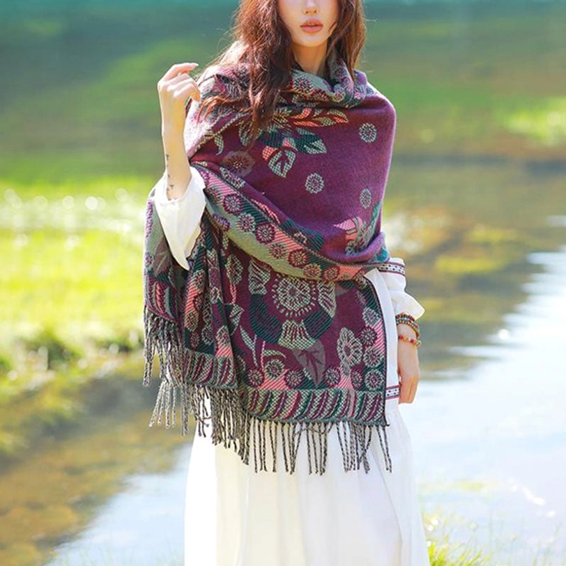 Orchid Tibetan cashmere shawl with delicate floral print and fringe trim