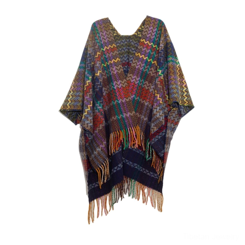 Purple blue toned Tibetan chevron shawl with fringed bottom detail