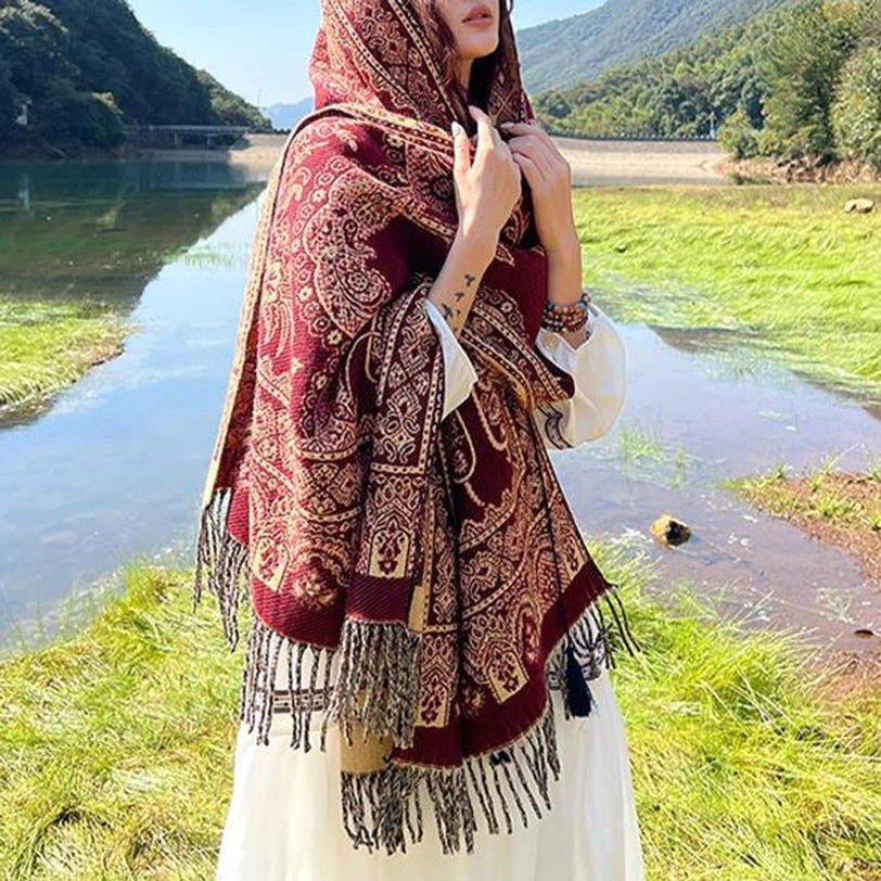 Purple Tibetan ethnic shawl with traditional paisley leaf design and tassel border