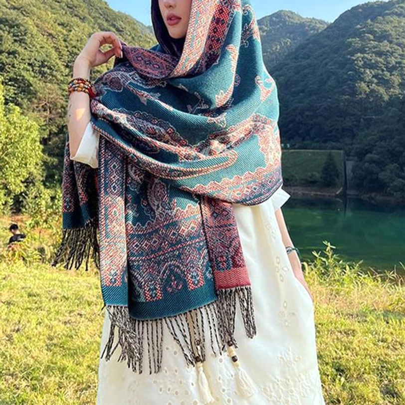 Tibetan shawl quality detail showing fine knitting and traditional pattern execution