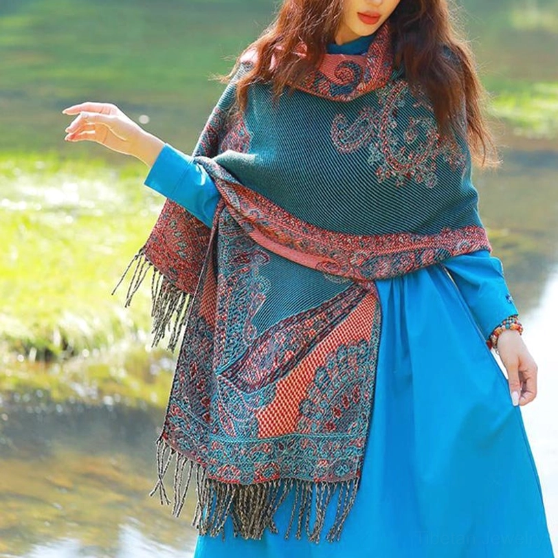 Tibetan paisley shawl in red beige colorway detail view