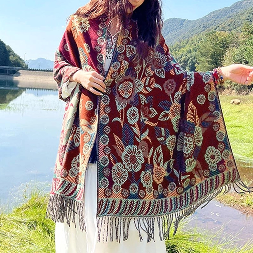 Red Tibetan floral cashmere shawl with bold botanical motifs
