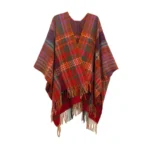 Red chevron Tibetan tassel shawl flat lay showing traditional wavy line pattern