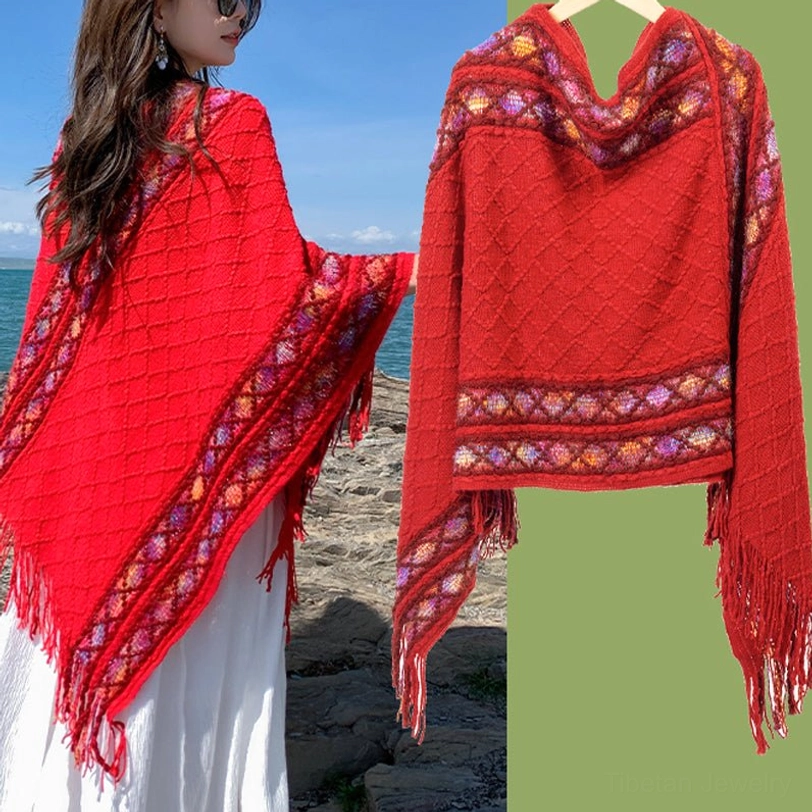 Red Tibetan rhombus knit tassel shawl with vibrant ethnic trim and traditional Himalayan design