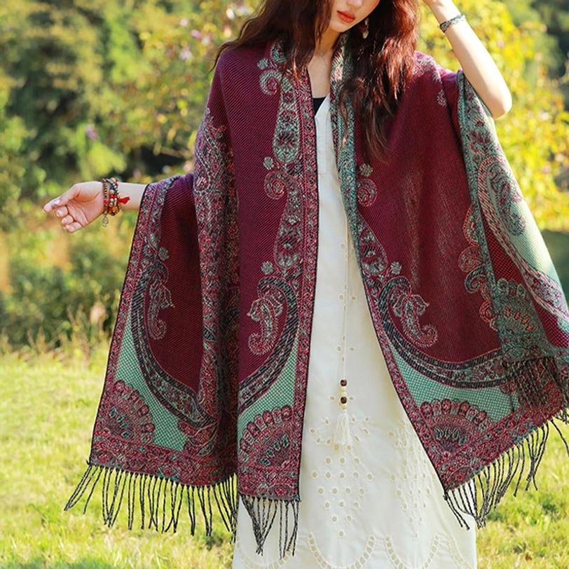 Tibetan vine leaf paisley shawl in red green colorway close-up