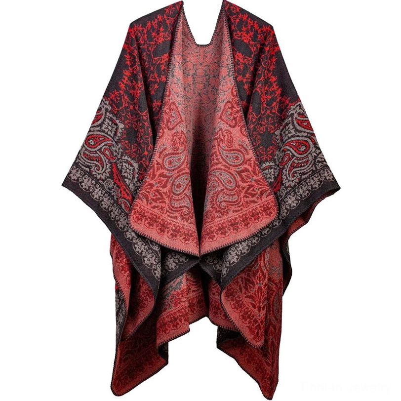 Tibetan red paisley shawl dark red maroon ethnic wrap with stitched hems