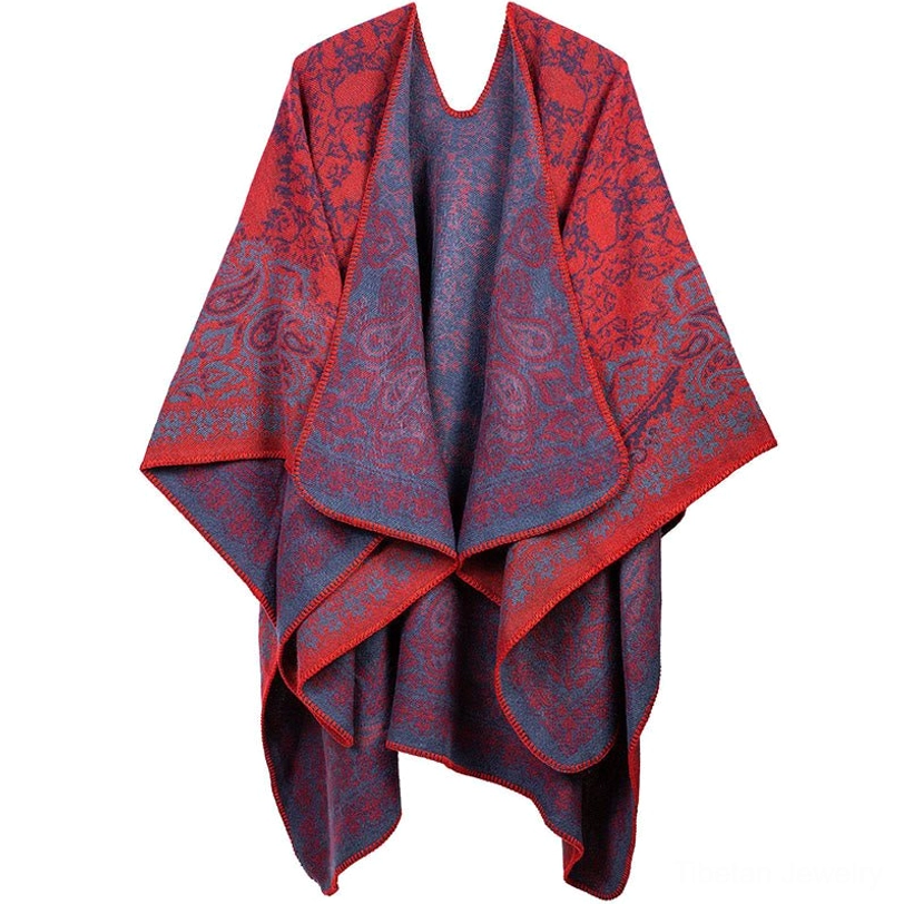 Tibetan wrap scarf red and deep purple paisley pattern color contrast stitched trims