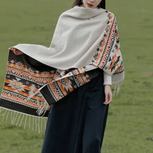 Reversible Tibetan shawl with dual geometric patterns and tassel hem grassland