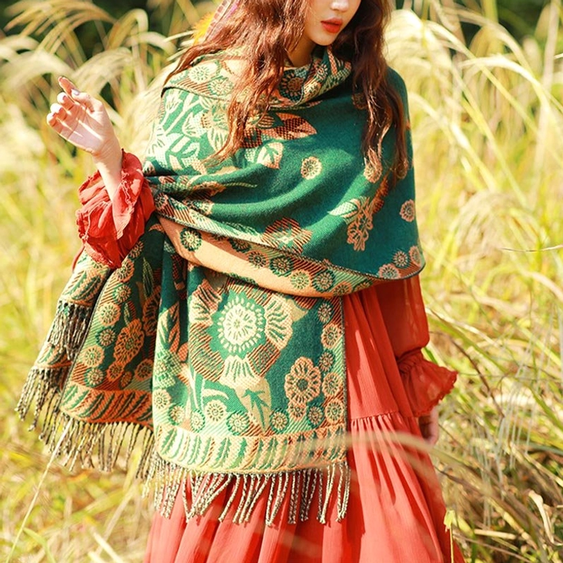 Tibetan sacred floral print shawl representing growth and renewal symbolism