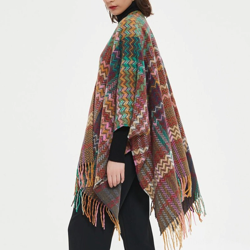 Side drape view of green pink brown Tibetan chevron shawl on shoulders