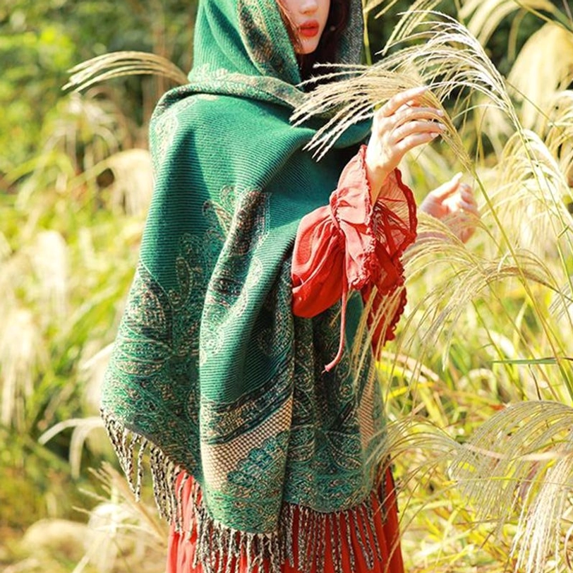 Tibetan vine leaf shawl size comparison and fit demonstration