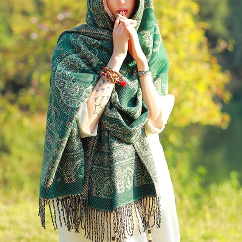 Tibetan botanical shawl showing soft texture and imitation cashmere luxury feel
