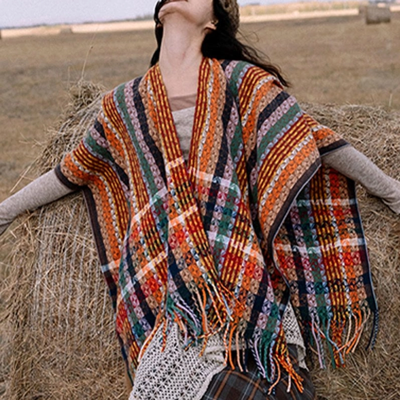 Close-up detail of Tibetan shawl showing traditional stripe pattern quality and soft polyester blend material