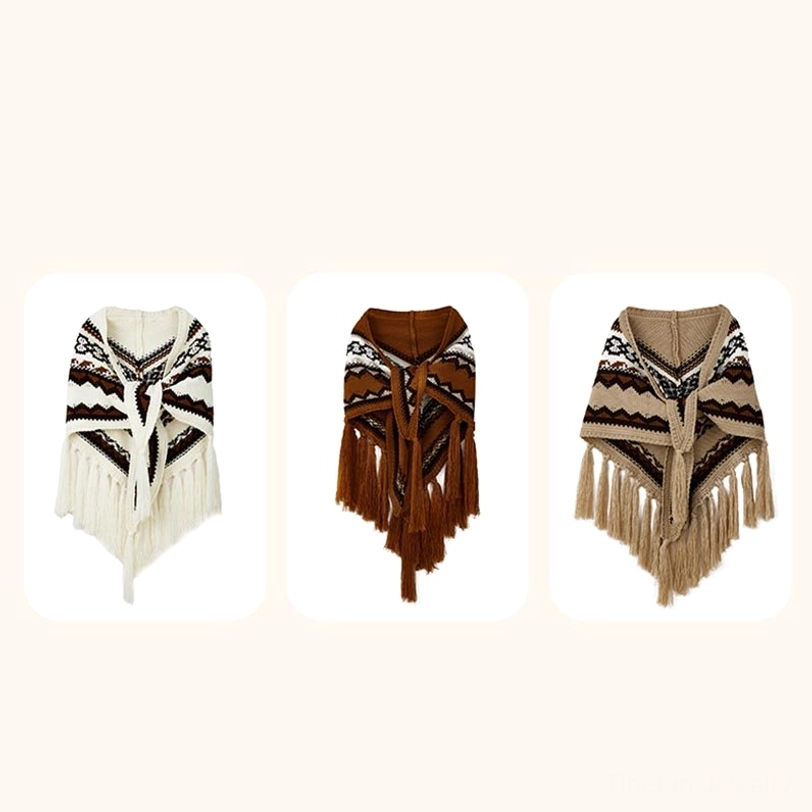 Tibetan triangular shawl striped pattern worn as evening wrap showcasing elegant heritage design