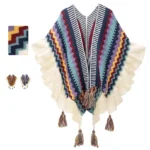 Tibetan striped knit shawl flat lay top view showing chevron pattern, ruffled edges and tassel details