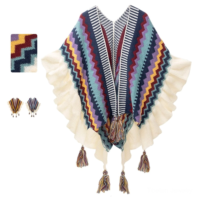 Tibetan striped knit shawl flat lay top view showing chevron pattern, ruffled edges and tassel details