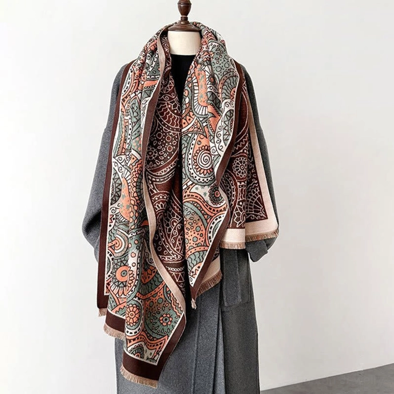 Tibetan ethnic shawl styling inspiration, showing versatile ways to wear reversible paisley design with different outfits and occasions