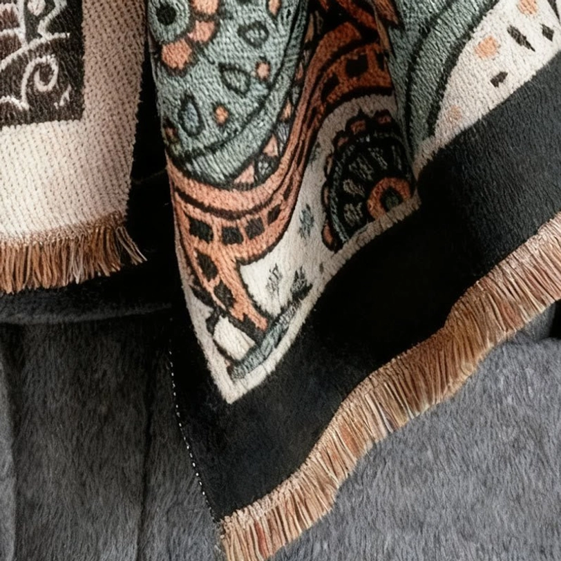 Tibetan shawl tassel fringe detail close-up, showing hand-woven border trim and multi-tone edges against grey fabric background