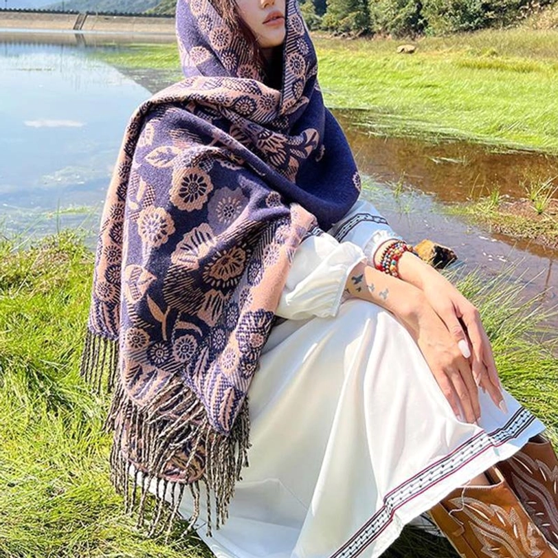 Tibetan floral cashmere wrap with tassel hem traditional craftsmanship detail