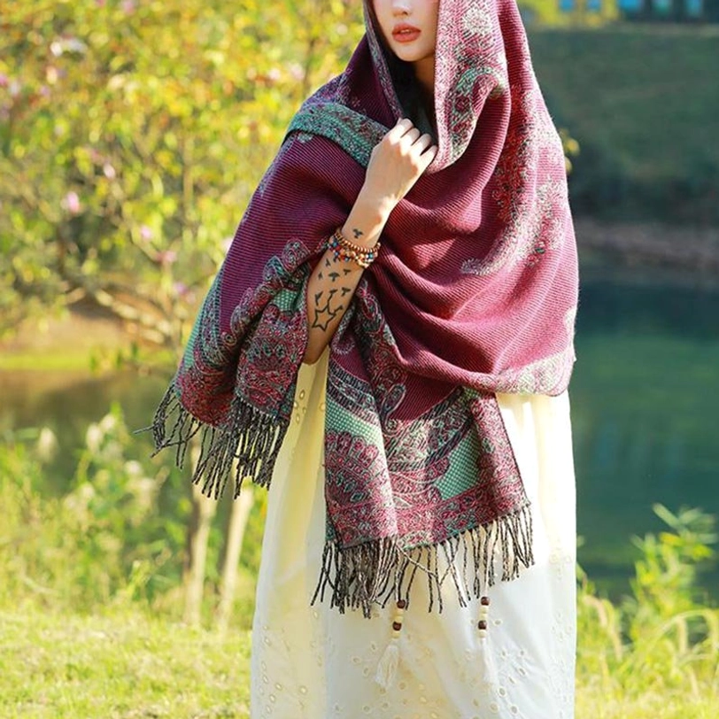 Tibetan vine leaf shawl detail view of tassel trim and weave quality