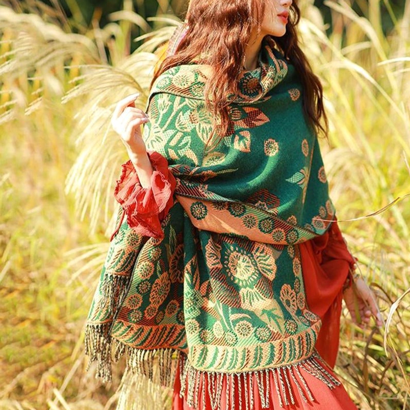Tibetan botanical leaf pattern shawl for travel companion and cultural style