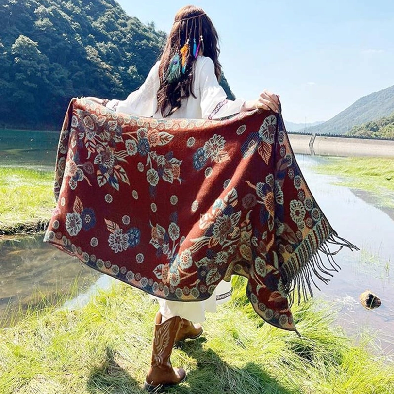 Tibetan floral pattern wrap showing versatile styling possibilities