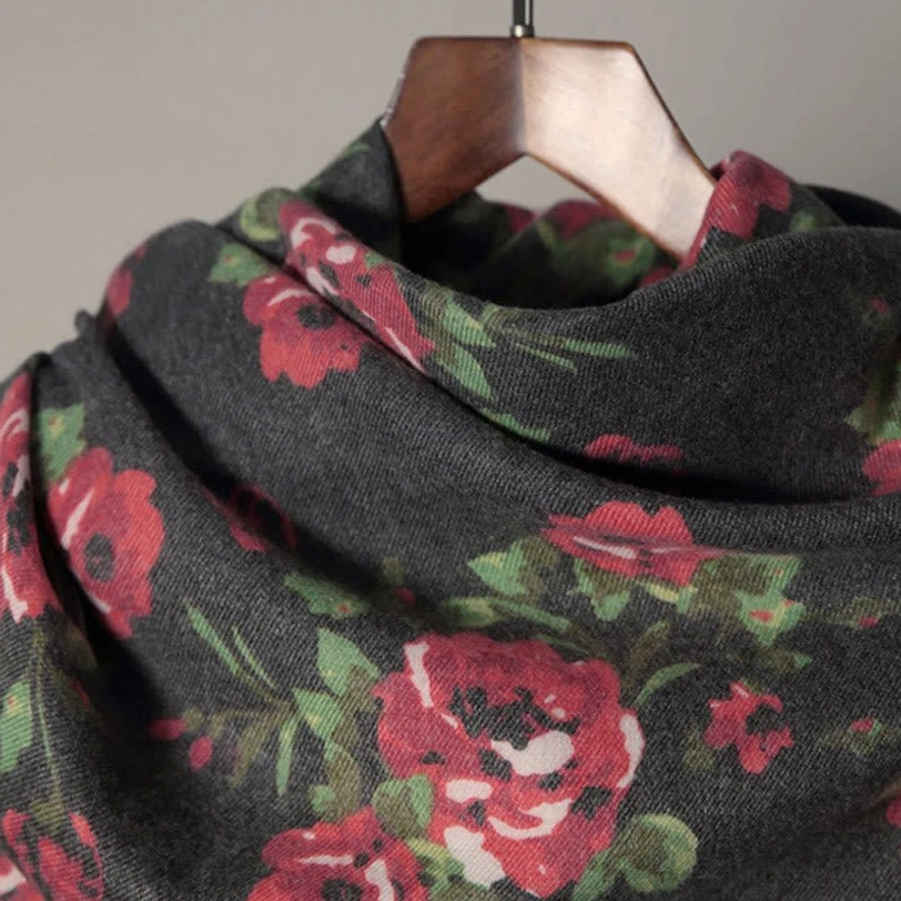Tibetan rose floral shawl in versatile styling for casual and formal wear combinations