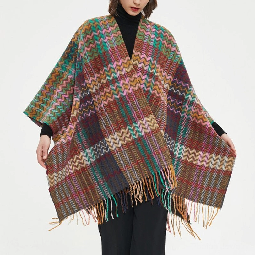 Woman wearing multicolor Tibetan chevron shawl with black turtleneck indoor styling