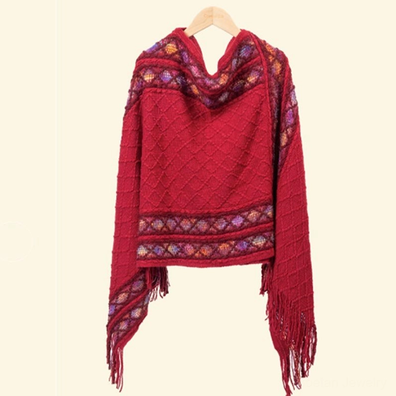 Yellow Tibetan rhombus knit shawl featuring bright ethnic border and traditional tassel hem