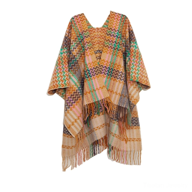 Yellow pink Tibetan woven shawl with tassel trim and chevron design