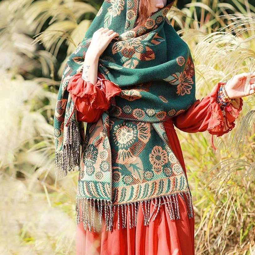 Tibetan floral cashmere wrap perfect for yoga and meditation practice