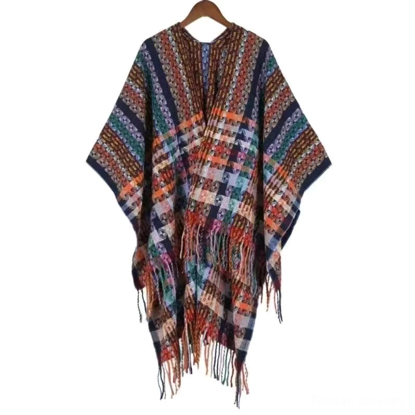 Tibetan tassel shawl in warm sienna color showing traditional stripe pattern and cozy soft fabric quality