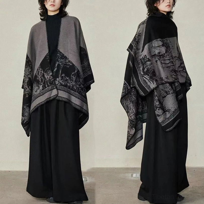 Tibetan sika deer reversible shawl wrap product showcase in black and gray tones