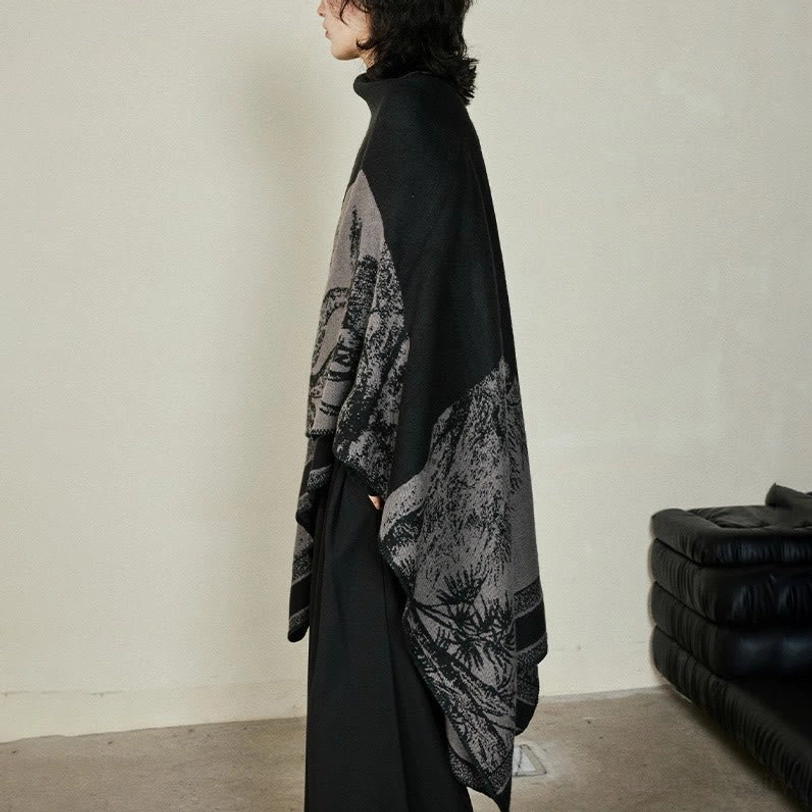 Tibetan reversible shawl with sika deer jacquard pattern, side upper-body styling