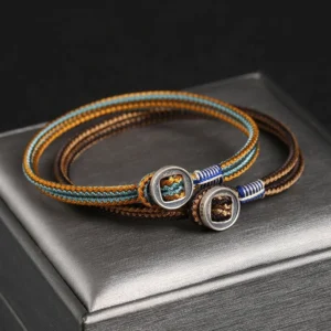 Handmade tibetan silver protection bracelet with brown and blue woven cord, silver button clasp, displayed on elegant silver jewelry box