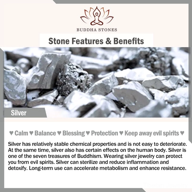 Buddhist sterling silver jewelry benefits infographic, om mani padme hum ring spiritual protection and healing properties