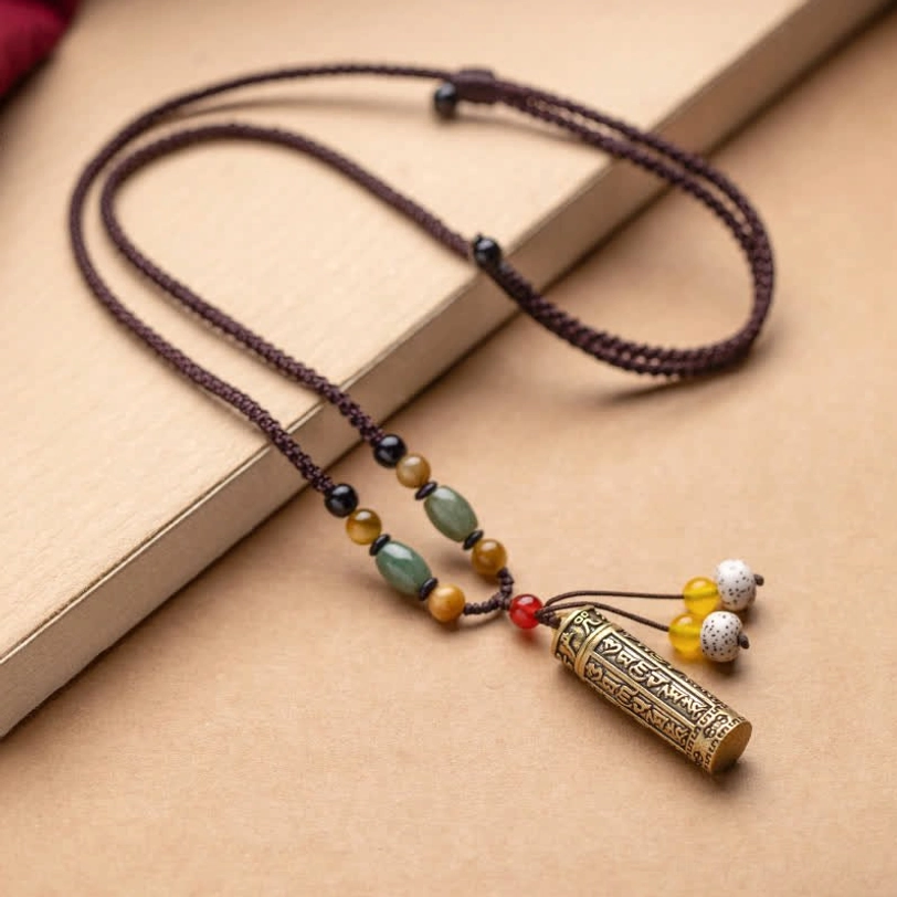 Authentic Tibetan sutra necklace pendant with Six True Words engraved on brass and healing gemstone beads