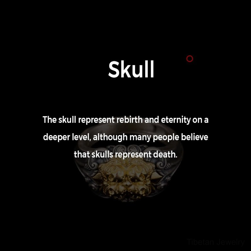 Tibetan Buddhist skull symbolism explanation card describing skull as representation of death, rebirth, and eternity in Buddhist tradition