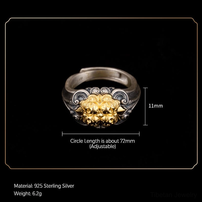 Technical specification view of 925 sterling silver Tibetan skull ring on black background showing size, 6.2g weight, and adjustable circumference