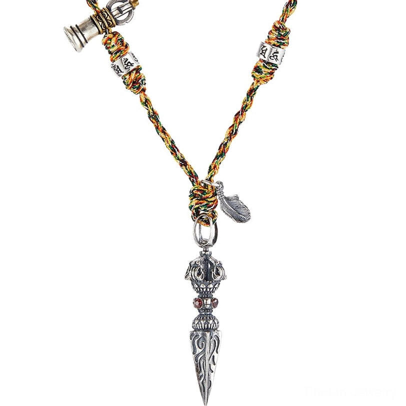 Tibetan spiritual Dorje Vajra necklace with protective five-color cord representing five wisdoms and Buddhist philosophy