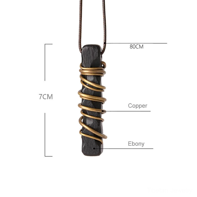 Spiritual ebony wood Tibetan necklace in lifestyle setting, representing peace, balance and mindfulness practice