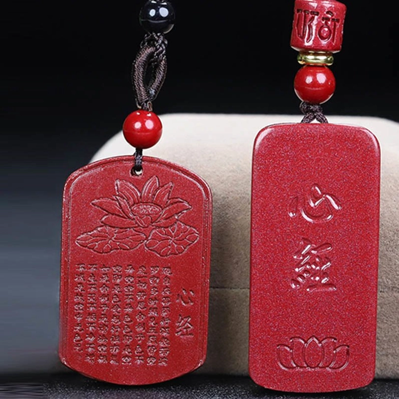 Tibetan Buddhist spiritual necklace with cinnabar Heart Sutra pendant lifestyle wear showing cultural significance