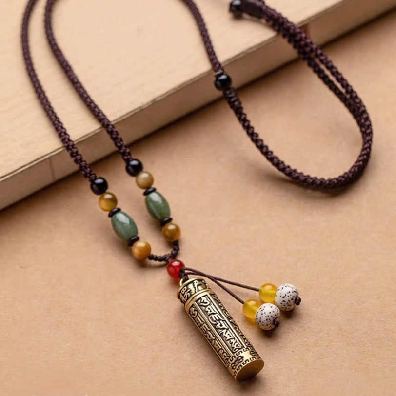 Tibetan protection necklace with Om Mani Padme Hum mantra pendant and natural agate stone for spiritual wellness
